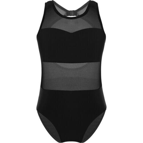 Kids Teens Mesh Splice Cutout Back Ballet Dancewear Girls Professional Gymnastics Leotard Sports Workout Bodysuit Dance Costume