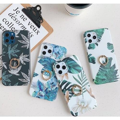 Flower Green Banana Leaves Soft TPU Case for iPhone 12 Mini 11 Pro XS Max XR 7 8 Plus Floral Finger Ring Holder Stand Back Cover