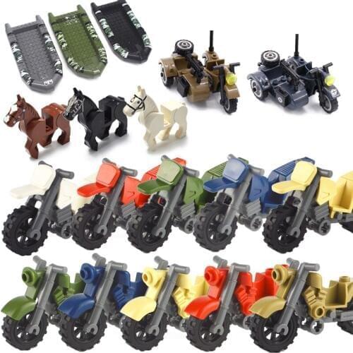 Military Weapon Motorcycle Camouflage Rubber Boat Battle Horse Education Accessories Blocks Toys For Children Military Kits MOC