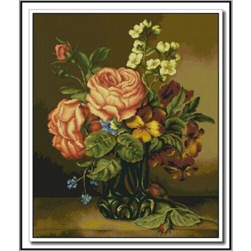 Embroidery Needlework Crafts 14CT Unprinted DIY Quality Cross Stitch Kits Handmade Roses and Flowers in the Vase Arts Decor