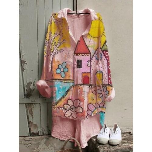 Autumn Female Casual Cartoon Print Turn-down Collar Women Blouses Long Sleeves Red House Print Ladies Loose Irregular Shirts