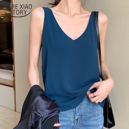 2021 Summer Women Tops and Blouse Chiffon Women Blouses Sleeveless V-Neck White Women Shirts Plus Size Korean Fashion Clothes