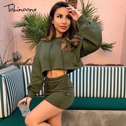 Tobinoone Hooded Two Piece Set Women Long Sleeves Tops Drawstring Bodycon Skirt 2 Piece Set Casual Streetwear Autumn Tracksuit