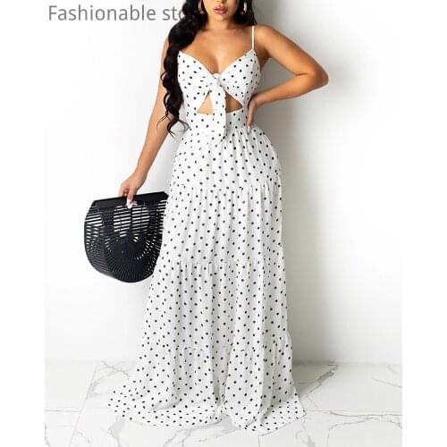 Plus Size 5XL Women Polka Dot Print Hollow Tied Detail Spaghetti Strap Maxi Dress