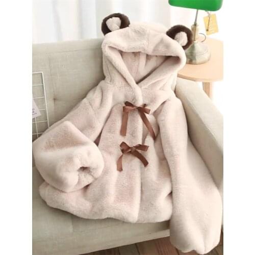 Plush Lolita Coat Female Autumn And Winter Students Lovely Hooded Bear Ears Thickened Faux Rabbit Fur Cosplay Kawaii Loli Coats