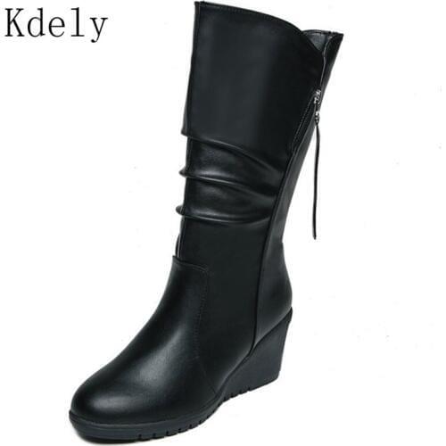 Winter Boots 2019 Women Boots Wedge Mid Calf Boots Women Shoes Black Fashion Mother Shoes Leather Boots Round Toe Ladies Shoes