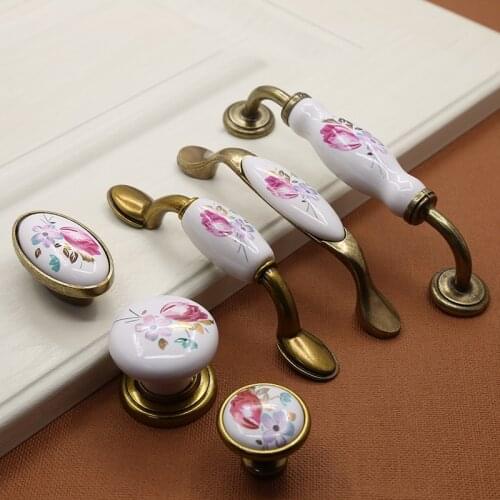 1PCs Vintage Ceramic Knob Metal Retro Handle Pull Button Ceramic Cabinet Knobs Handles China Flower furniture Hardware Newest