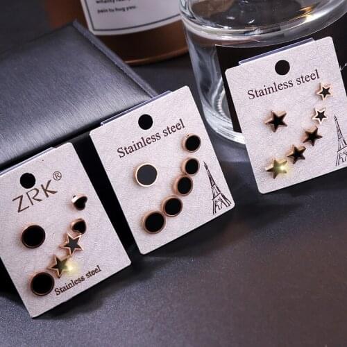 3 Pairs/Set Stainless Steel Stud Earrings For Women Rose Gold Pentagram squares Heart Hypoallergenic Non-fading Charm Jewelry