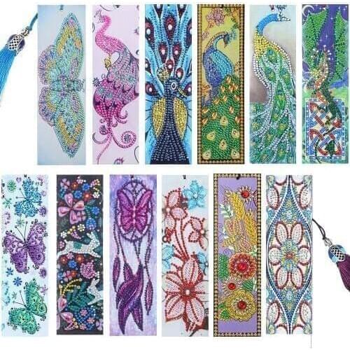 5D DIY Peafowl Special Shaped Diamond Painting PU Leather Tassel Bookmark Gift DIY Diamond Embroidery Peacock Owl Butterfly