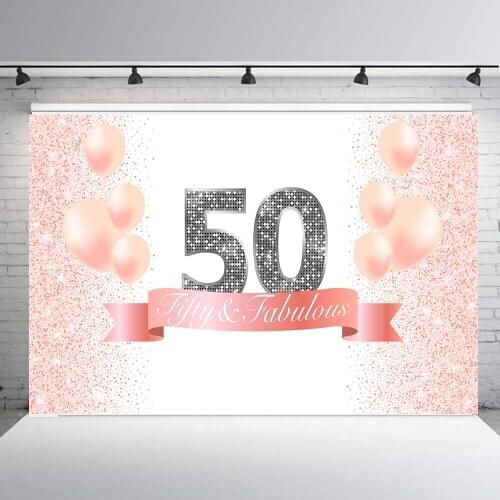 Happy 50th birthday party background photographic backdrop photo booth studio pink gold adult candy table banner poster B-888