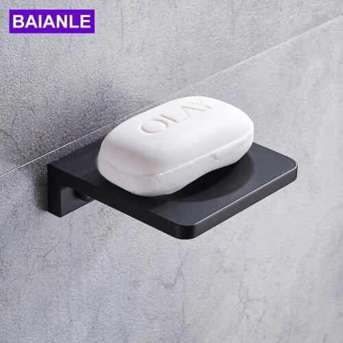 Free Shipping Modern Wall Mounted Soap Dishes Space aluminum Square Bathroom Black Soap Dish Holder