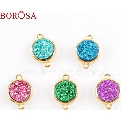 BOROSA 10pcs 9mm Round Natural Agates Titanium Candy Druzy Connector Gold Bezel Drusy Loops for Bracelet Jewelry DIY ZG0360