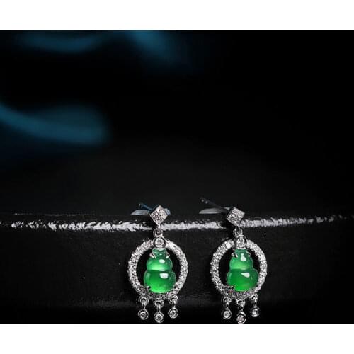 Designer original silver inlaid ice seed sun green natural chalcedony gourd earrings elegant luxury ladies brand jewelry