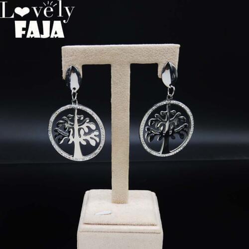 Tree of Life Stainless Steel Stud Earings Women Crystal Silver Color Big Earring Jewelry pendientes mujer moda 2021 E6127S03