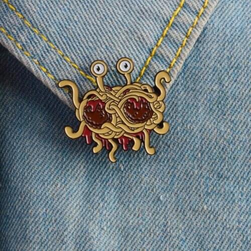 Denim Jeans shirt bag Funny Pin Pastafarianism enamel pin Flying Spaghetti Monsterism badge brooch FSM icons Gift for friends