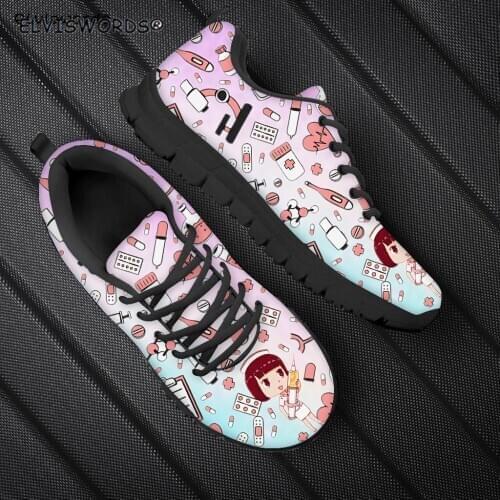 ELVISWORDS Cute Nurse Girl Prints Ladies Comfortable Walking Shoes Leisure Non-slip Flat-Shoes for Women Female Lace-up Sneakers