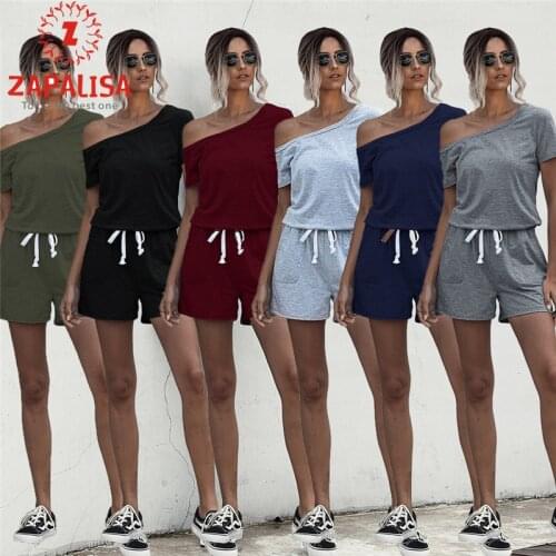 Fashion Women Summer Solid Color Playsuits Drawstring Design Pockets Decor Skew Collar Short Sleeve Mid Waist Casual Jumpsuits
