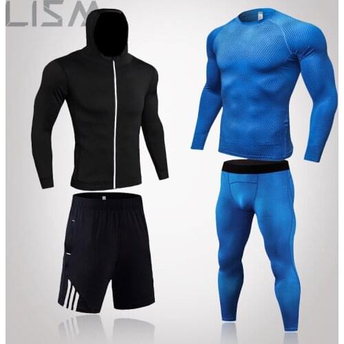 Mens Thermal Underwear 4-Piece Set Series Fitness Sports Tights Set Pure Color Elastic Coat Sports Pants Compression Underwear