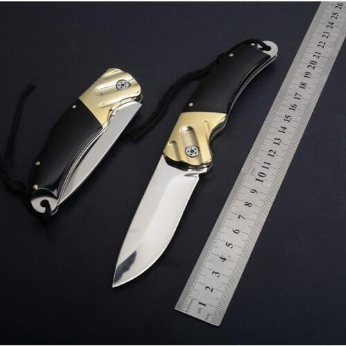 PEGAS 8.6 inches folded outdoor small hunting knife brass + horn black handle 58HRC fine throw folding knife with nylon sleeve