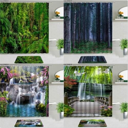 Forest Natural Scenery Shower Curtains Set Flower Plant Waterfall Non-slip Bath Mat Bathroom Decor Bathtub Screen Flannel Carpet