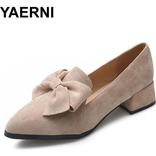 YAERNI New 2019 Butterfly-Knot Wedding Party Shoes For Women Thick Heels Soft Leather Comfort Office Pumps Shoes Woman