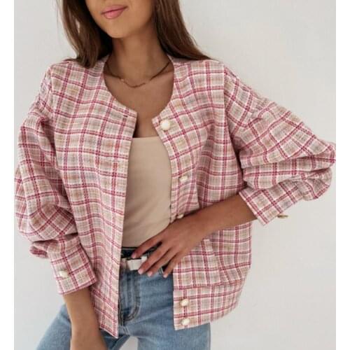 New Arrival Fashion Women Spring Jacket Long Puff Sleeve Plaid Buttons All-match Short Coat for Work Jacket Coat High Quality