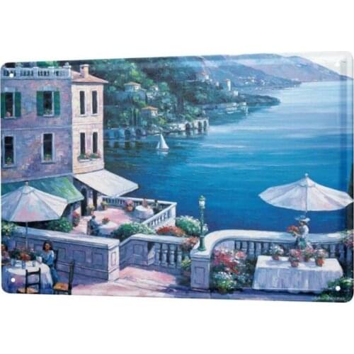 Tin Sign Retro Wall Art Metropole Painting Terrace Lake Cafe Metal Plate