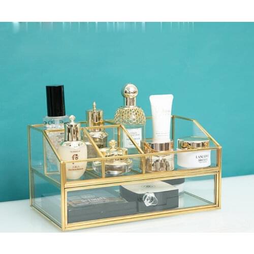 Brass Glass Cosmetic Organizer Box Bathroom Storage Makeup Perfume Storage Nail Polish Lipstick Holder Drawer Display Shelf ZM