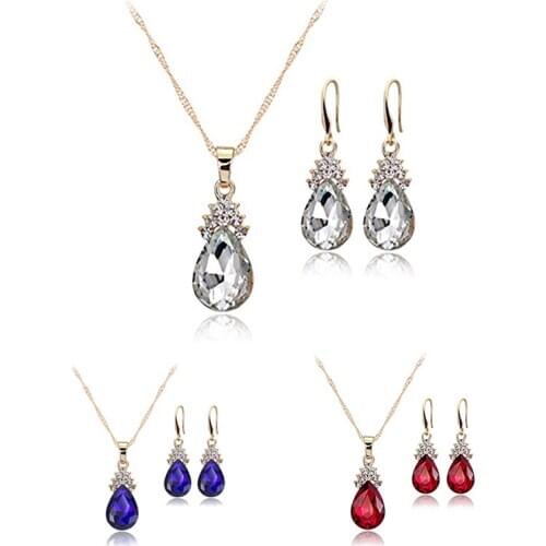 Necklace Earrings Water droplets Elegant Women Jewellery Set of Crystal Pendant Necklace+Earrings