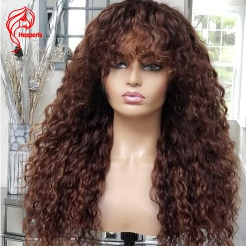 Hesperis Brown Deep Curly Full Machine Made Wigs With Bang Brazilian Remy Scalp Top Curly Human Hair Wig With Bangs For Women