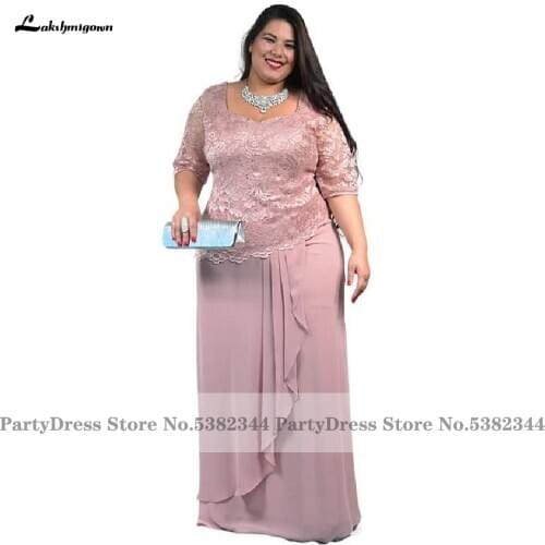 Plus Size Pink Chiffon Long Mother of The Bride Dresses 2020 Elegant Women Evening Dress with Sleeves Robe de Soiree