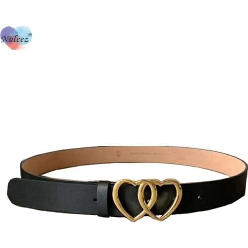 Nuleez Brand Belt Women Cow Leather Double Heart Silver Button Hardware Fashion Lady Accessory Gift for Girls