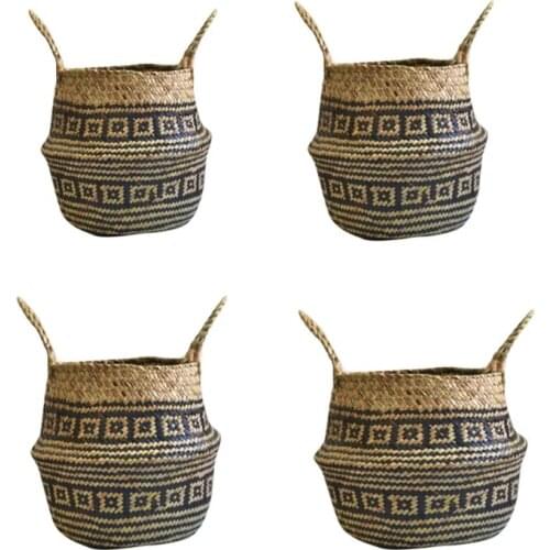Hand-woven Storage Basket with Handles Seagrass Wicker Flower Pot Laundry Toy Towels Blanket Organizer