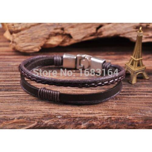 S534 Surfer Leather & Hemp Hand Braid Bracelet Wristband Mens Cuff Silver Clasp