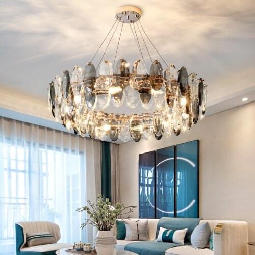 Modern Luxury Foyer Round Gold E14 Led Pendant Lights Lustre Gray Crystals Hanging Lamp Led Luminarias Indoor Lighting Fixtures