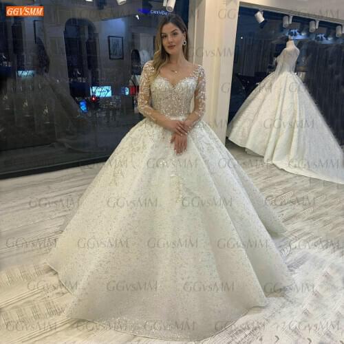 Sparkly Crystal Wedding Dress Long Sleeves 2021 Vestido De Noiva Lace Up Pageant Beading Bridal Gowns Custom Made Hochzeitskleid