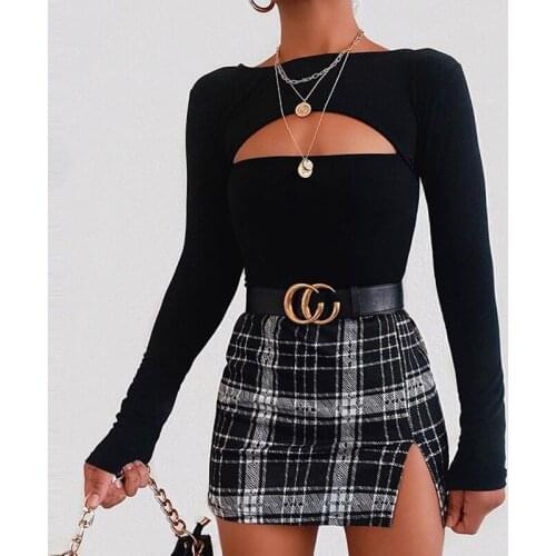 Kili Female Plaid Skirt Half-Length Stitching A-Line Split Casual Cotton Yarn Skirt Black