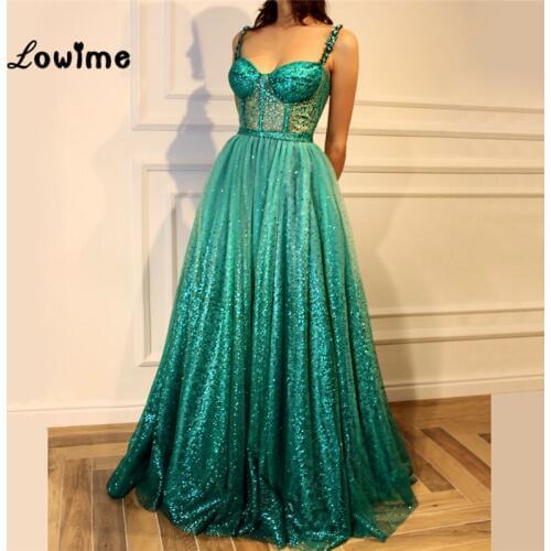 Green Sequined Women Evening Dress Spaghetti Strap Turkish Arabic Dubai Prom Dresses Kaftan Glitter Abendkleider Party Gowns