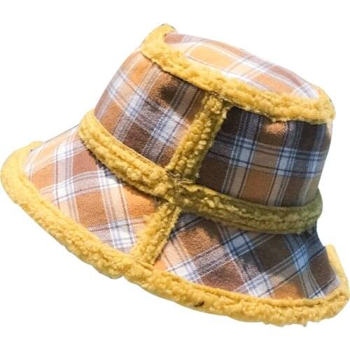 Winter plus velvet warm basin hat women shade check fisherman hat Japanese fashion raw edge wild bucket hat tide