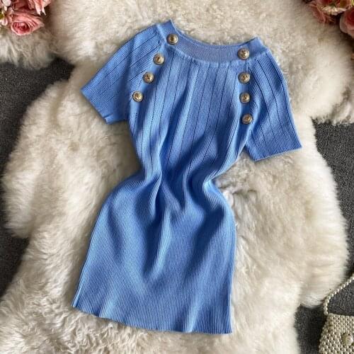 2021 summer fashion metal button knitted shirt women short sleeve slim top pullovers