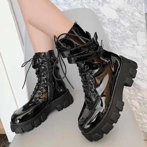 New Combat Patent Leather Boots Women Lace Up Gothic Black Platform Leather Martin Ankle Boots Women Shoes Botas Mujer