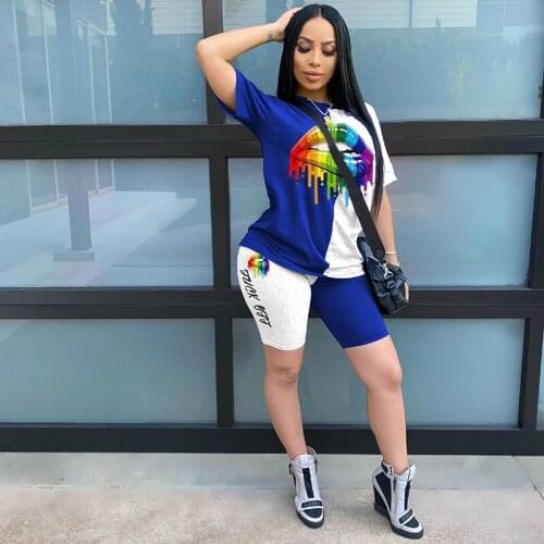 2021 Summer 2 Piece Set Women Outfits Female Clothes Short Sleeve Print Top Sexy Patchwork Shorts Aesthetic Streetwear Tracksuit