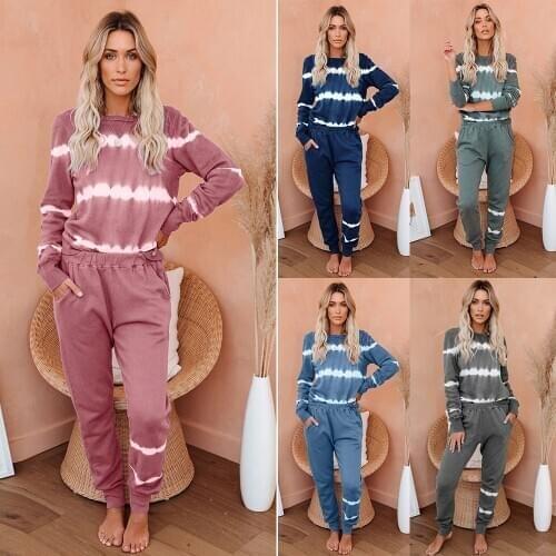 Women Tie Dye Striped Printed Pajamas Set Casual Loose Loungewear Ladies Comfortable Autumn Winter Long Sleeve Sleepwear Outfit