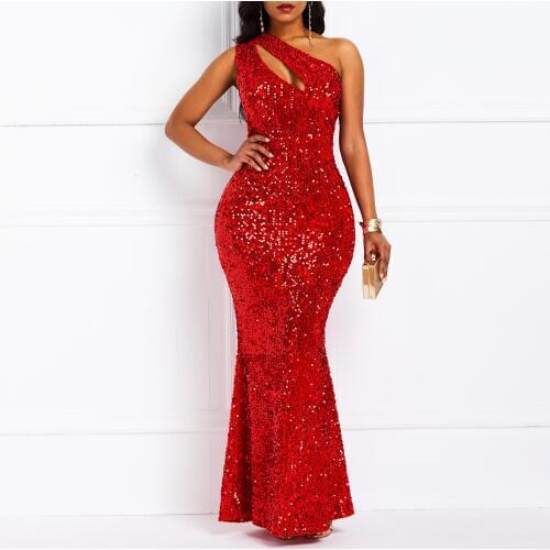 Tanpell African Fashion Red Sequins Evening Dress Sleeveless Oblique Collar Retro Mermaid Women Sexy Party Evening Dress 2020