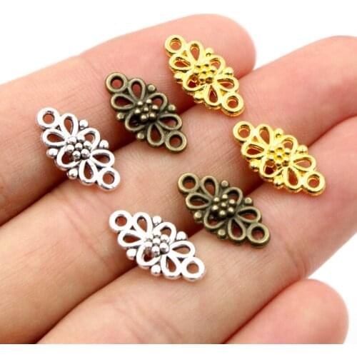 30pcs/lot 16x8mm Antique Silver Plated Bronze Gold Flower Connector Charm Pendant DIY Jewelry Supplies for Bracelet Necklace