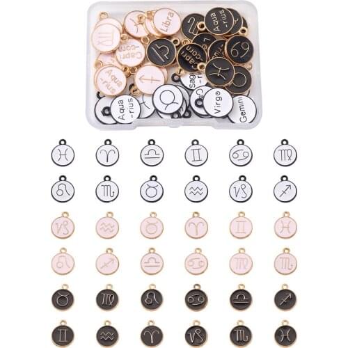 36pc Black White Pink Twelve Constellations Double Face Alloy Enamel Charms Flat Round Pendant for DIY Jewelry Handmade Bracelet