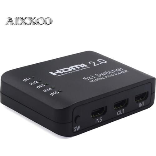 AIXXCO Mini 4K 5 Input 1 Output HDMI 2.0 Switch Box 5x1 HDR HDMI Switcher Audio Extractor With IR Control