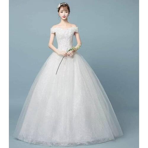 White Elegant Lace Up Wedding Dress Sequins Embroidery Boat Neck New Plus Size Wedding Gowns For Women Vestidos De Novia G228