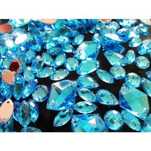 Free shipping mixed loading shape sky blue rhinestones sew on crystal flatback loose beads 300pcs/lot