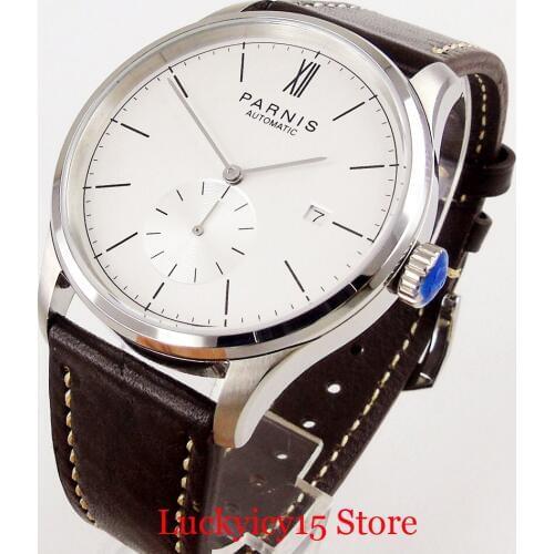 PARNIS Top Brand 42mm Men Watch ST Movement Date Window White Dial Simple Self Winding Wristwatch Leather Strap